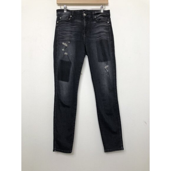 7 For All Mankind Womens 27x29 Black Denim Jeans Skinny Distressed Stretch - Picture 2 of 8